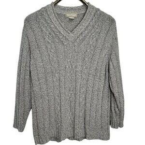 Studio Works Sweater Womens 2X Grey Marled V-Neck Cable Ribbed Knit Pullover‎